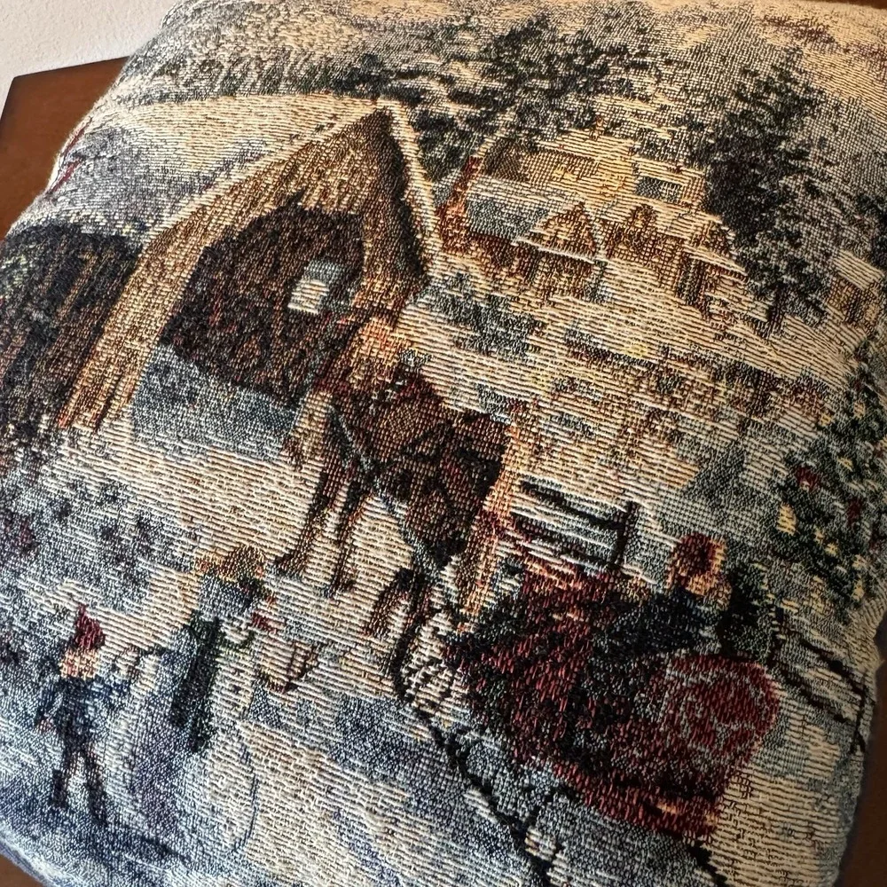 Vintage Nicky Boehme Tapestry Christmas‎ Barn w Horse & Sleigh Pillow